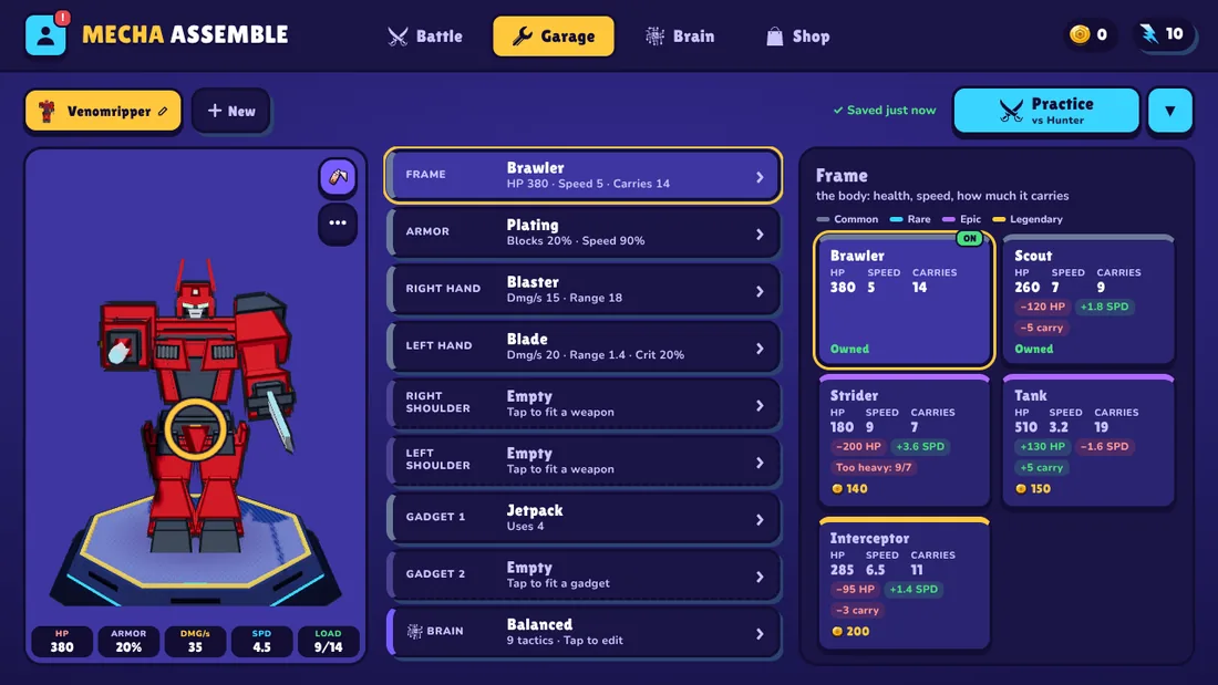 The Garage: a robot on its stand beside its loadout of parts